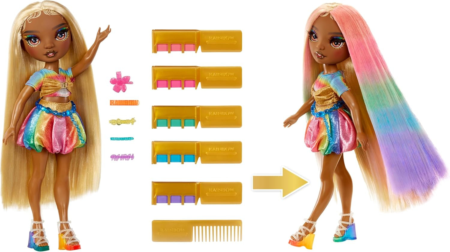 Rainbow High Hair Chalk & Style Doll - Meline - 28 cm Puppe in Regenbogen- und Goldfarben, Auswaschbare Haarkreide, Färben, Stylen, Spielen, Ausspülen & Wiederholen, für Kinder von 4 bis 12 Jahre