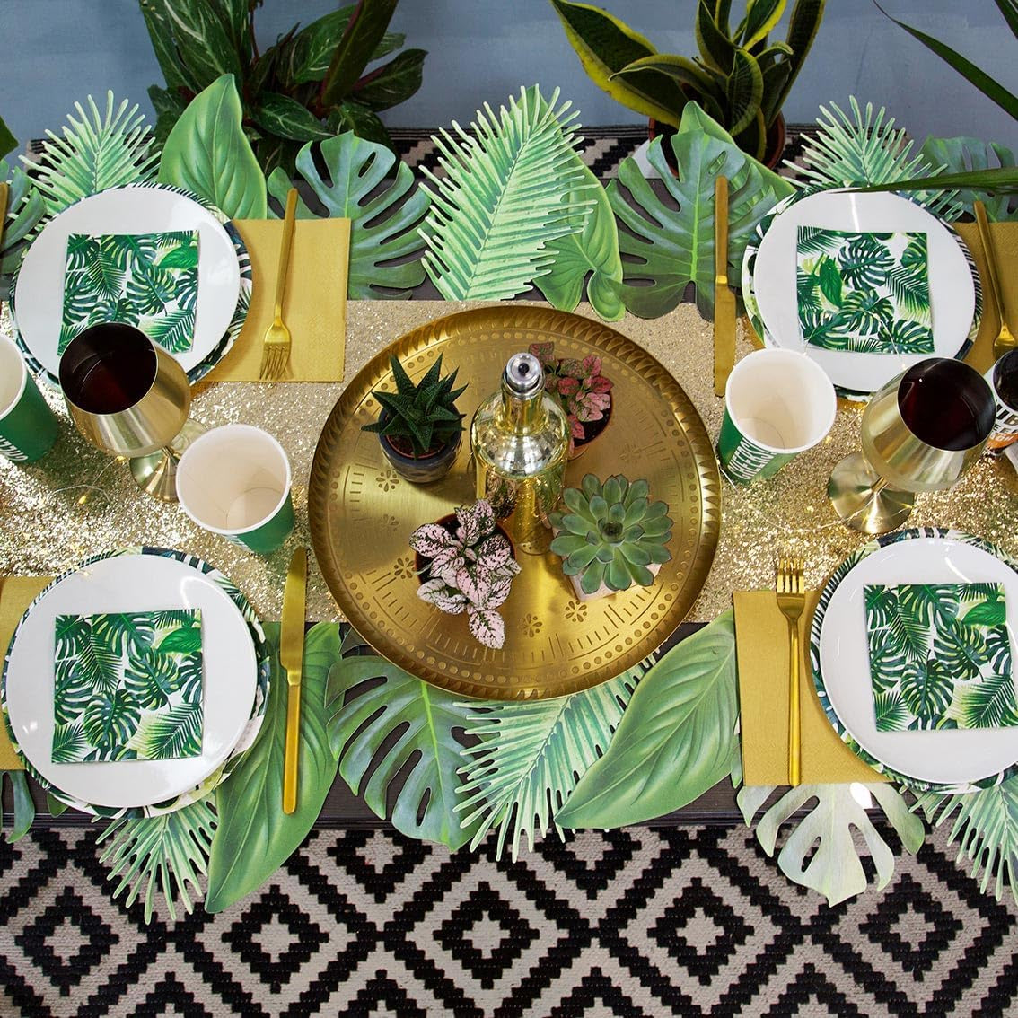 Pack de 20 lingettes tropicales | Serviettes en papier vert avec motif feuille de palmier | Vaisselle jetable pour fête d'enfants, fête safari, jungle, dinosaure, été, thème hawaïen