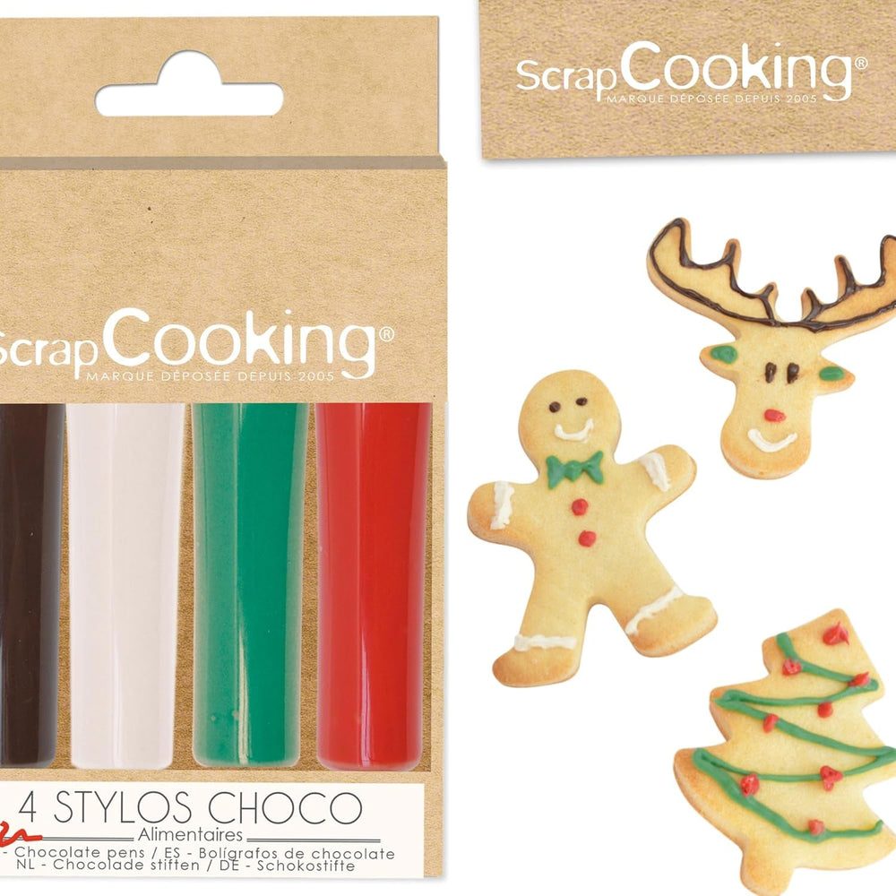 Scrapcooking - Lot de 4 Crayons de Couleur Chocolat de Noël - Marron, Blanc, Vert et Rouge - Colorants Comestibles - Colorant Alimentaire pour Écrire - Écrire et Dessiner sur Desserts, Gâteaux et Biscuits - 7060