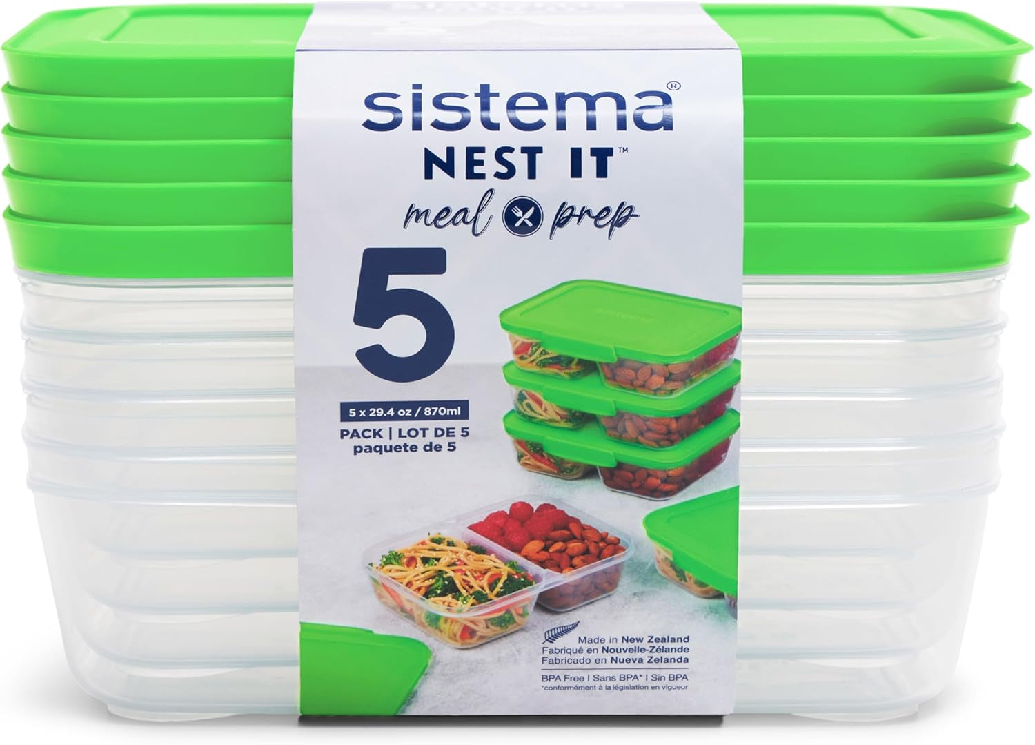Conteneurs de stockage de nourriture du système Nest IT Boîtes de préparation de repas | Récipients de stockage hermétiques de 1,9 litre avec TROIS compartiments et couvercles | Sans BPA | Vert | 5 pièces Boîtes de conservation alimentaire Naty Shop 5 X 870 Ml