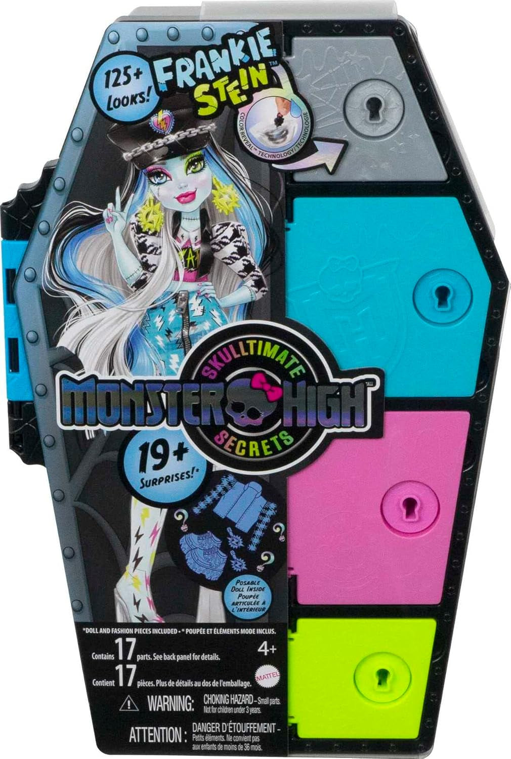 Monster High HKY62 - Ensemble poupée et mode, Frankie Stein avec armoire et plus de 19 accessoires, Skulltimate Secrets, jouet de poupée pour 4 ans et plus