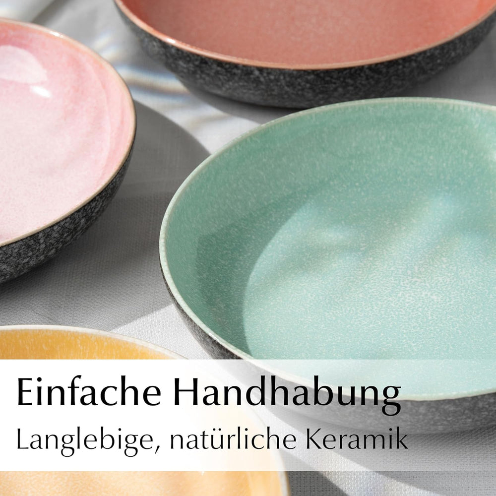 MIAMIO - Assiettes plates, lot de 6 (850 ml) / Assiettes à pâtes grandes et profondes, ensemble d'assiettes pour 6, saladier en céramique / lavable au lave-vaisselle et au micro-ondes - Collection Las Palmitas