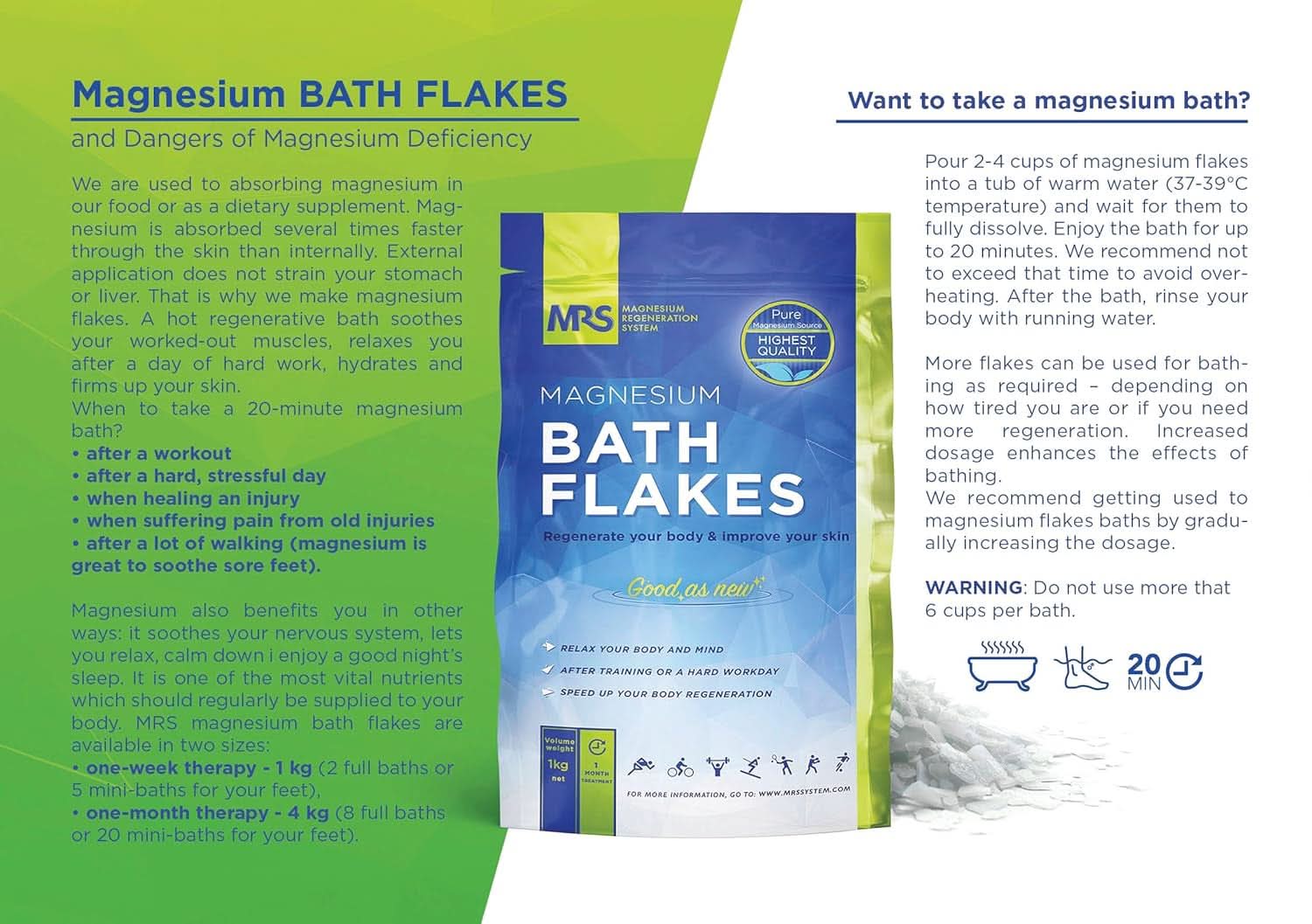 MRS Flocons de chlorure de magnésium 100% naturel - sels de bain idéaux pour un bain de pieds, un bain complet et contre les carences en magnésium - 4 Kg Douche et Bain Naty Shop