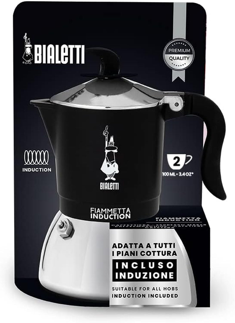 Bialetti Fiammetta cafetière à induction, 2 tasses (100 ml), adaptée à tous types de feux, design élégant, noire