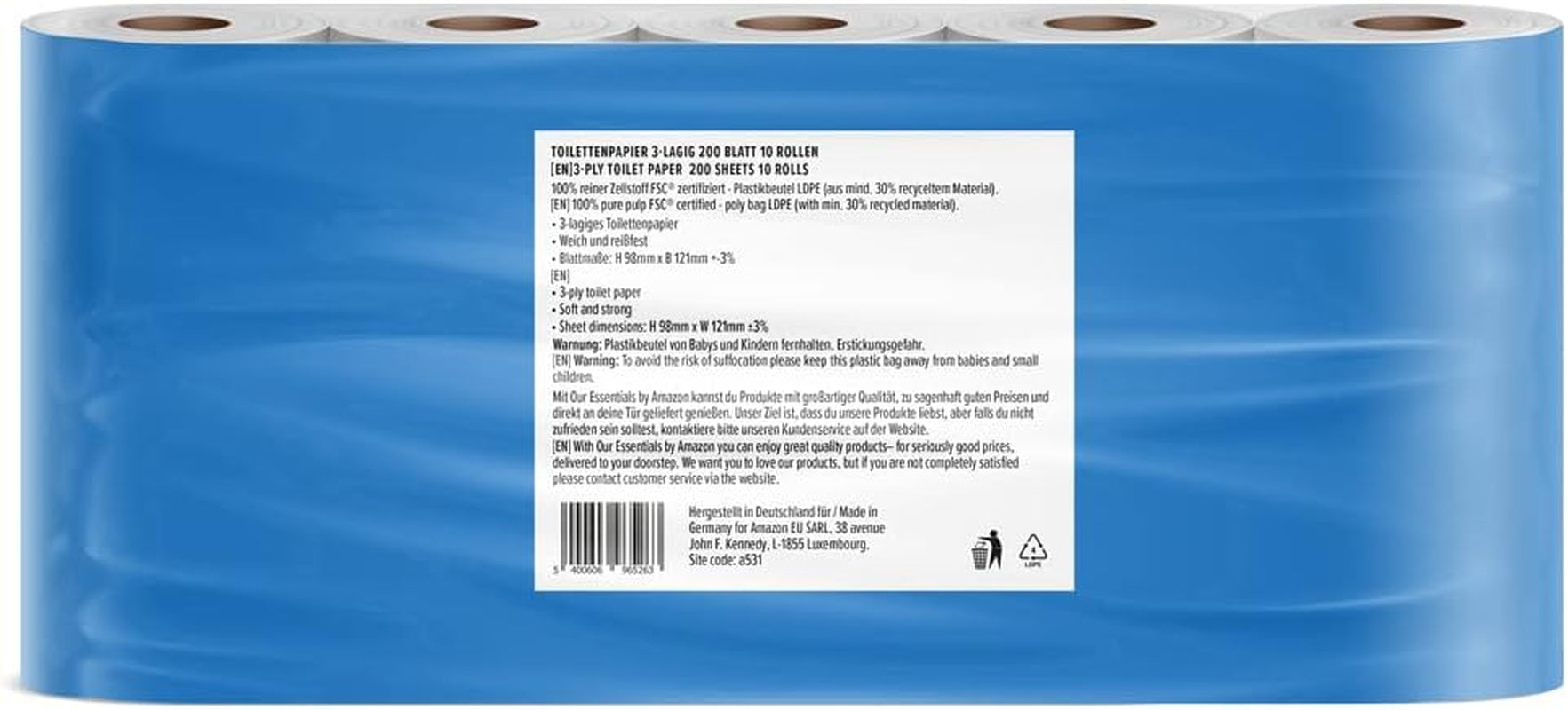 Par Amazon Papier toilette, 3 couches, 10 rouleaux (10 rouleaux, 1 paquet) 200 feuilles par rouleau, certifié Fsc