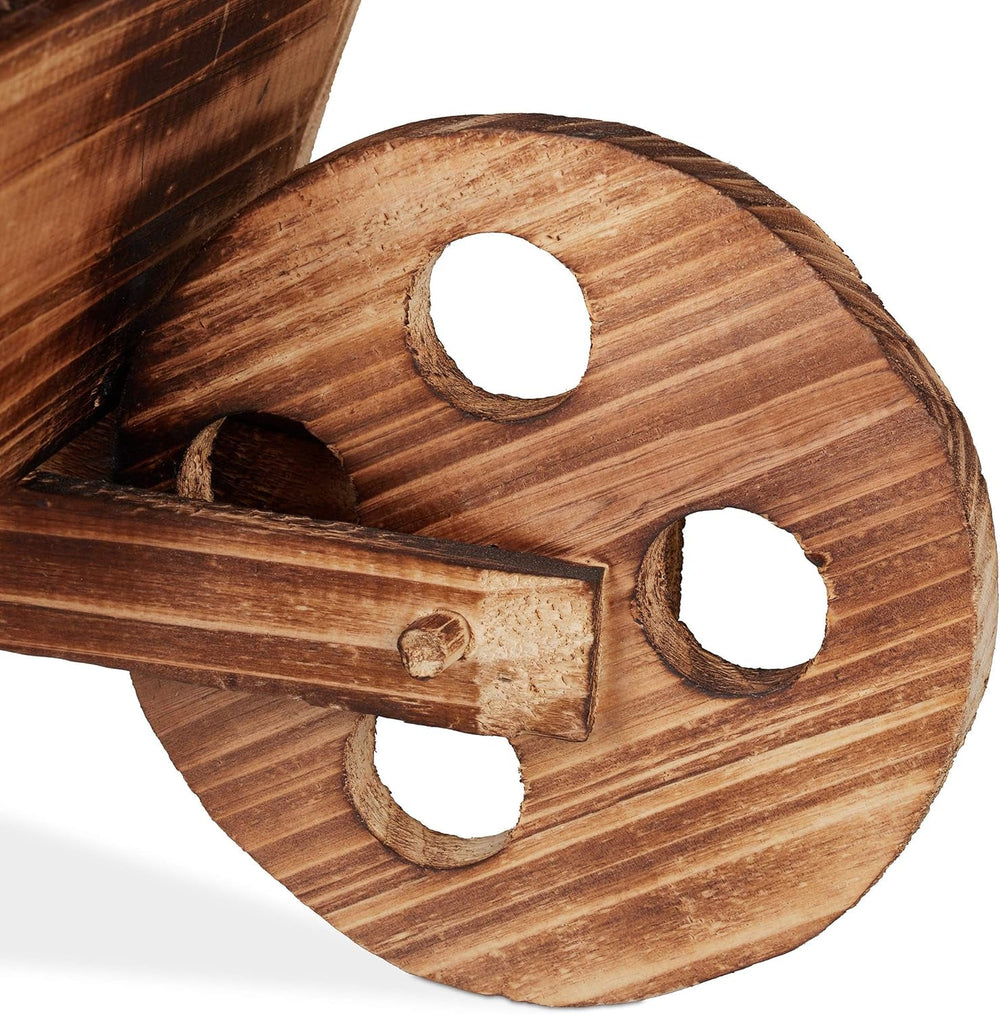 Brouette jardinière Relaxdays, bois brûlé, décoration de jardin, design vintage, à planter, HxLxP : 19 x 47 x 15 cm, naturel