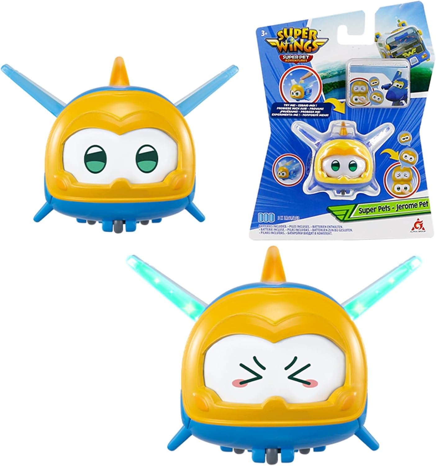 Super Wings Super Pets 4 PCS Shine, Golden Boy, Jerome, Ellie Expression faciale commutable Effet foudre Jouet portable pour 3 4 5 6 7 8 ans Garçon Fille Figurines d'action 2 pouces Naty Shop Jerome