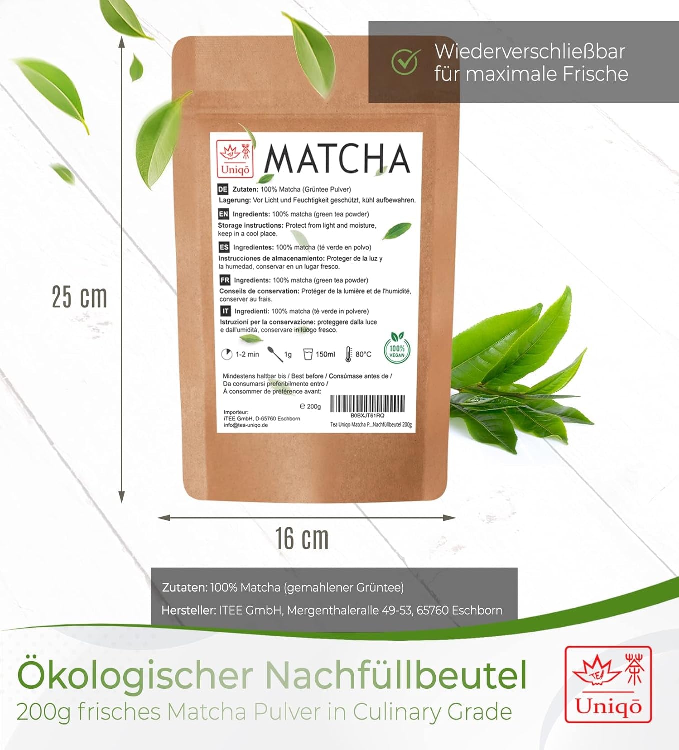 Uniqo Thé Matcha en poudre 200 g dans un emballage écologique rechargeable