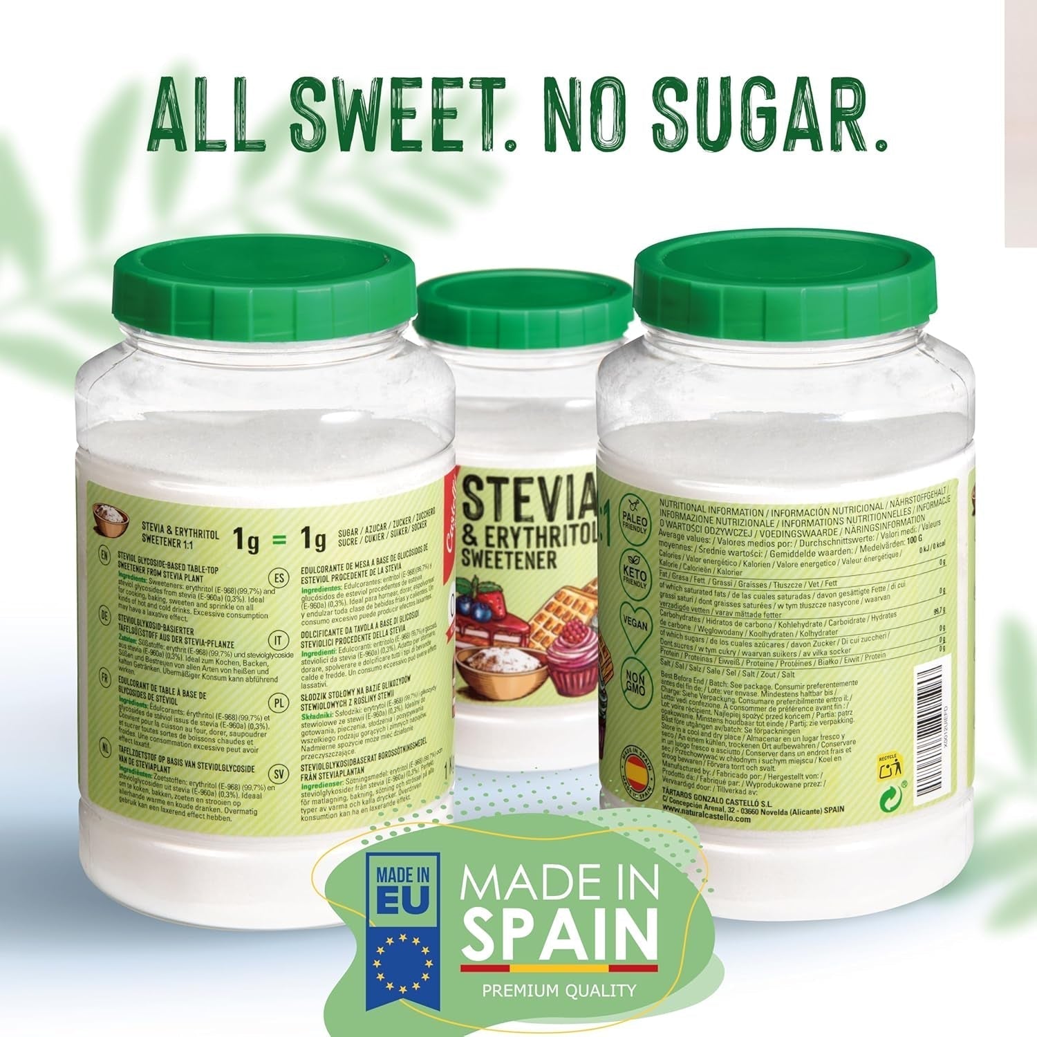 Stevia + Erythritol 1:1 Tissu doux | 1G = 1G Zucker | Ingrédients 100% naturels - 0 calories - 0 indice glycémique - Keto et Paleo - 0 netto-khlenhydrate - Kein GVO - Castello depuis 1907-1 kg d'édulcorants Naty Shop