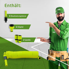 Amig - Furtun spiralat | Fabricat din polipropilenă | Extensibil până la 7,5 m | Include lance de irigare, adaptor și 2 îmbinări | Verde fistic