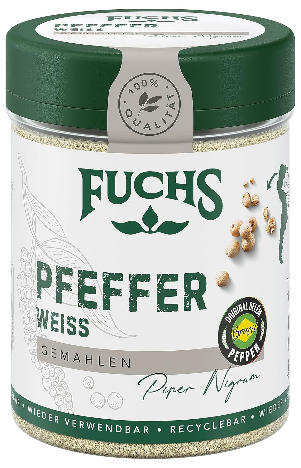 Fuchs Gewürze - Pfeffer weiß gemahlen - Pfeffer aus dem Amazonasgebiet, für helle Saucen, Fisch oder Suppen - Ingrédients naturels - 60 g en dose variable, recyclable