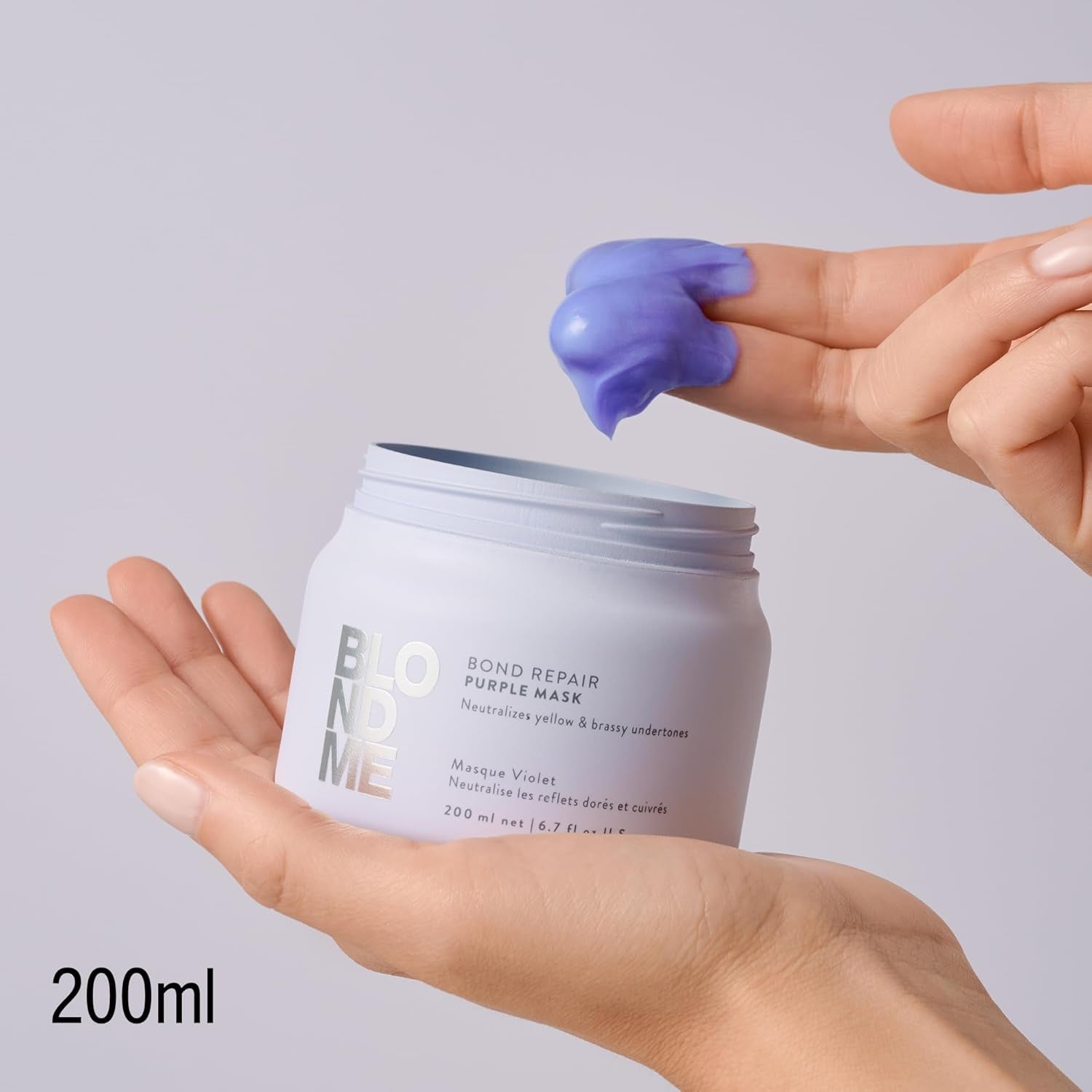 Schwarzkopf Professional BLONDME Bond Repair Purple Mask Masque pour cheveux frais Neutralise les tons jaunes pour cheveux teints, décolorés et clairs Revitalisant et fortifiant en profondeur 200 ml Masque capillaire Naty Shop