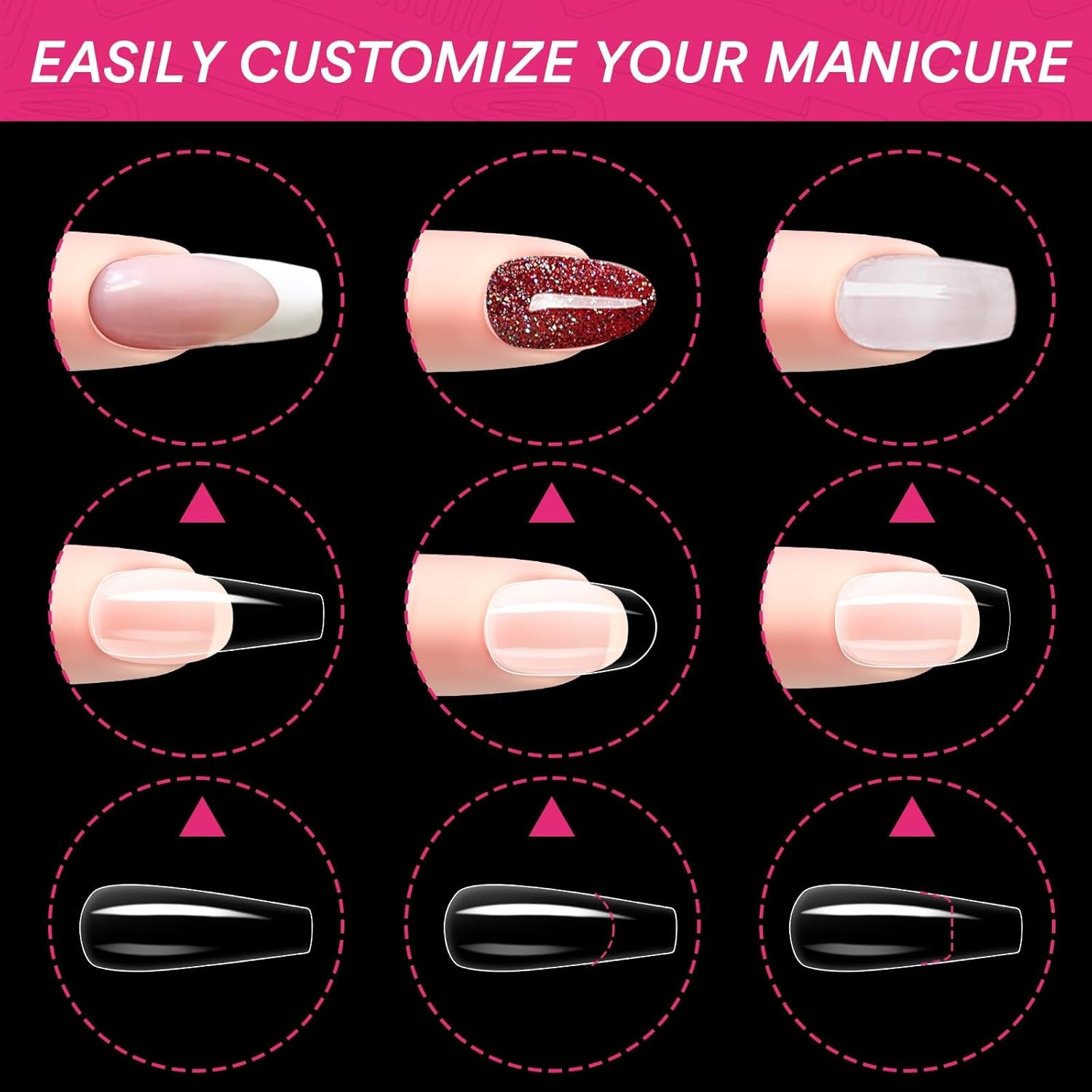 Alyvisun Lot de 500 faux ongles en acrylique à couverture complète avec 240 autocollants pour ongles, 10 tailles de pointes d'ongles en gel transparent, pointes d'ongles en gel souple, pointes d'ongles ballerine