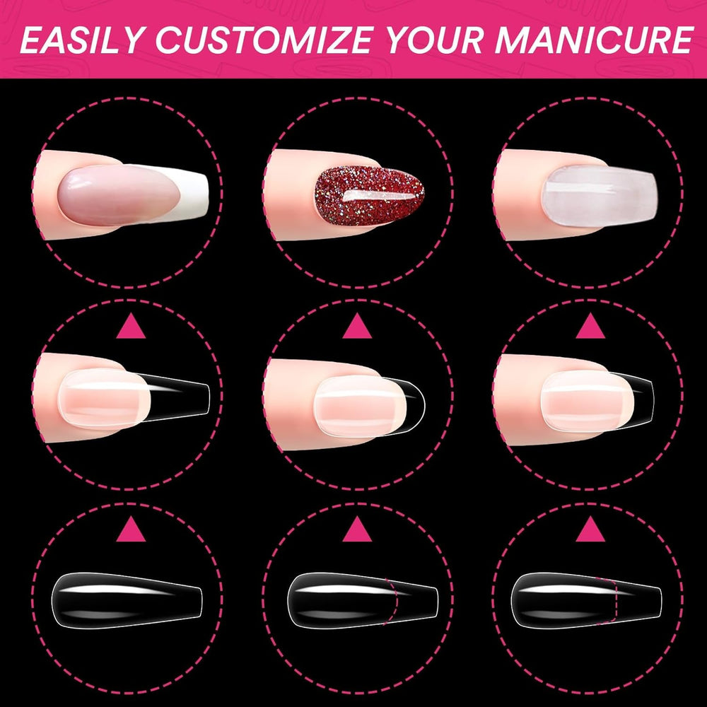 Alyvisun Lot de 500 faux ongles en acrylique à couverture complète avec 240 autocollants pour ongles, 10 tailles de pointes d'ongles en gel transparent, pointes d'ongles en gel souple, pointes d'ongles ballerine