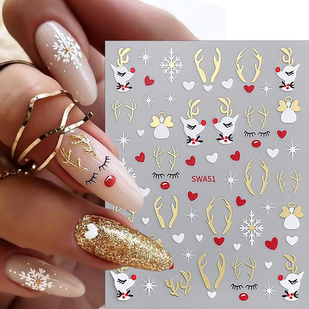 Autocollants pour ongles en forme de flocon de neige de dessin animé, autocollants pour ongles de Noël, autocollants, dessins d'ongles de Noël, nail art, cerf, flocons de neige, autocollants pour ongles de Noël, accessoires pour ongles d'hiver