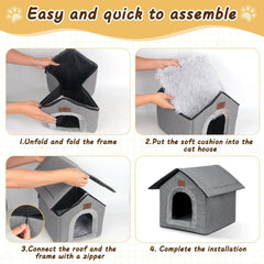 Katzenhaus Outdoor Winterfest, Katzenhöhle, Hundehöhle mit Abnehmbarem Plüschkissen, Wasserdicht Wetterfester, Hundehütte Indoor, Hundehaus für Drinnen/Indoor 35x30x35cm (Grau, S)