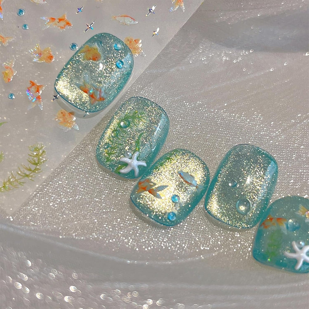 2 Stück Selfklebende Nagelsticker Mit Muscheleffekt, Vierstrahlstern et Goldfisch Design, Nagelaufkleber Für Fingernägel, Nail Art Zubehör Für Gelnägel