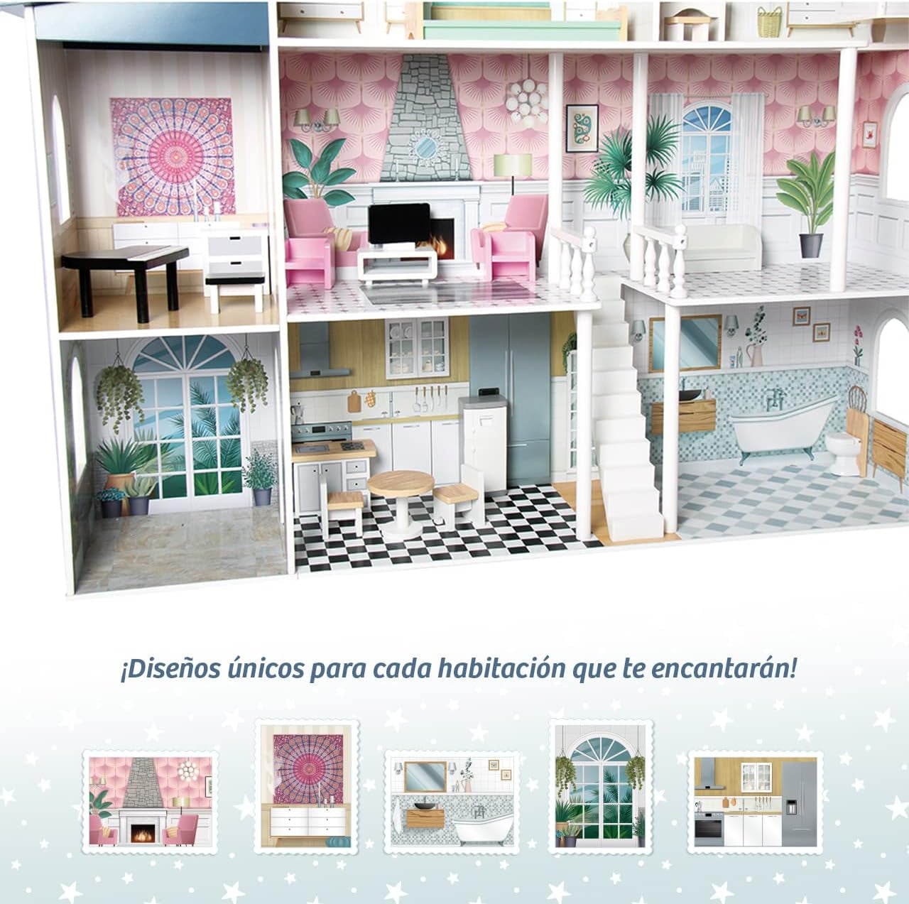 Casă de păpuși din lemn Deqube, 4 etaje, casă de păpuși cu decor diferit și îngrijit în fiecare cameră, cu 17 accesorii - Dimensiune 135 X 36 X 128 Cm (913D00016) Casute de papusi Naty Shop
