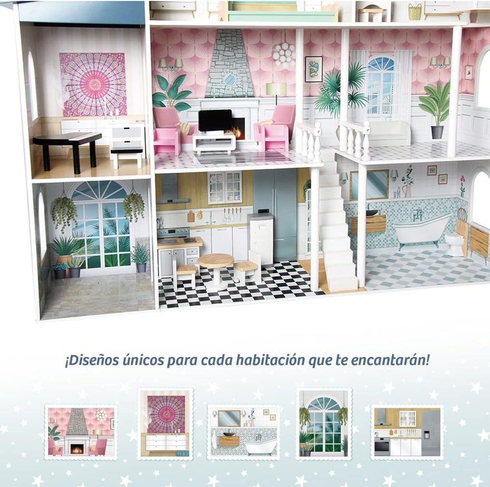 Casă de păpuși din lemn Deqube, 4 etaje, casă de păpuși cu decor diferit și îngrijit în fiecare cameră, cu 17 accesorii - Dimensiune 135 X 36 X 128 Cm (913D00016) Casute de papusi Naty Shop
