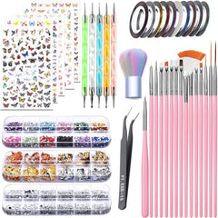 Ensemble d'autocollants et d'accessoires pour ongles - 5 autocollants pour ongles, pinceau, pierres, ruban décoratif, feuille d'or - Parfait pour la manucure et les ongles en gel - Ensemble de 50 pièces