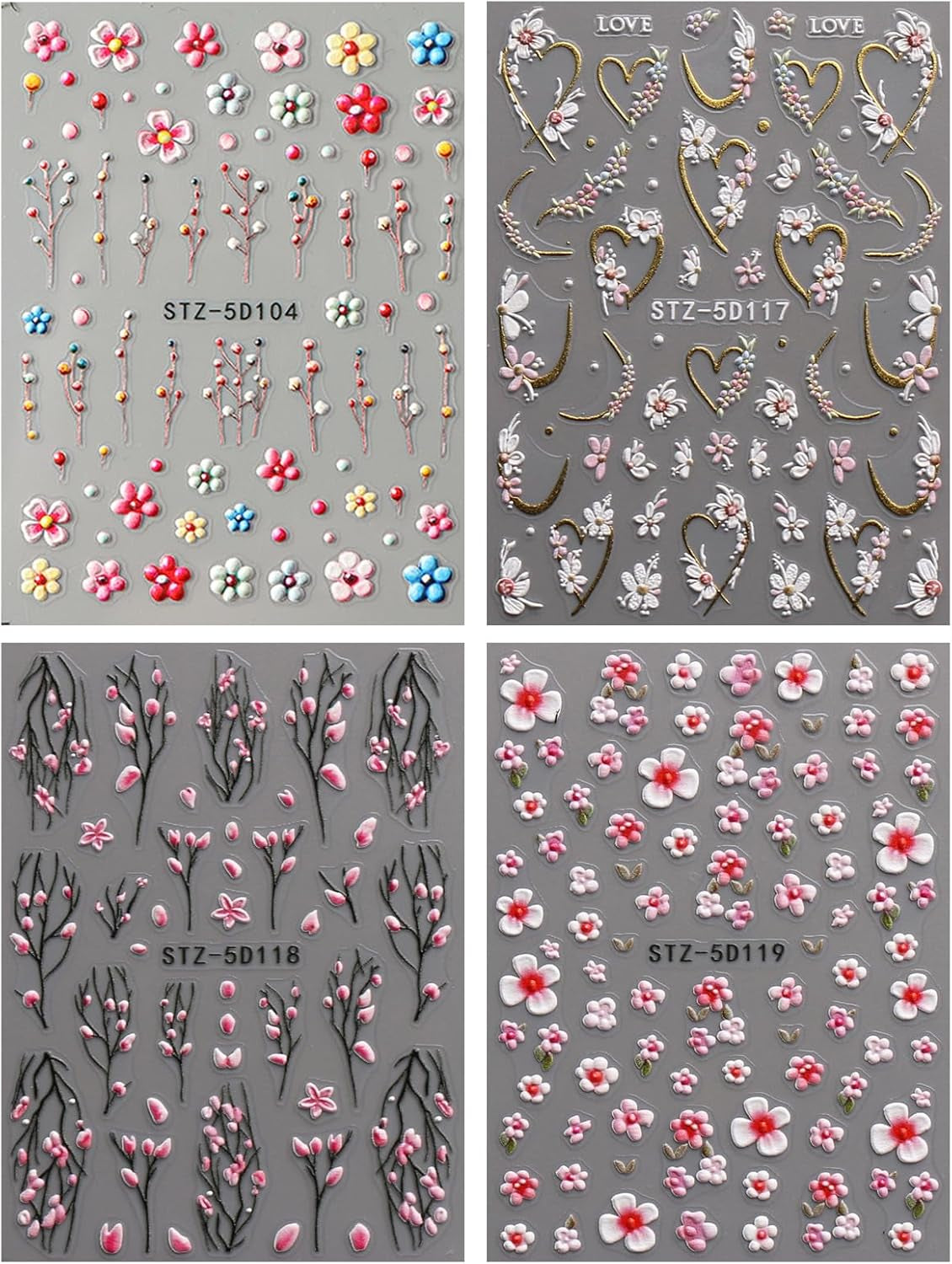 JMEOWIO 3D Nail Art Autocollant Fleur Nail Art Autocollant Selbstklebend Nagelaufkleber 5D Stéréoscopique Frühling Sommer Floral Décoration Nageldesign Zubehör 4 Blatt