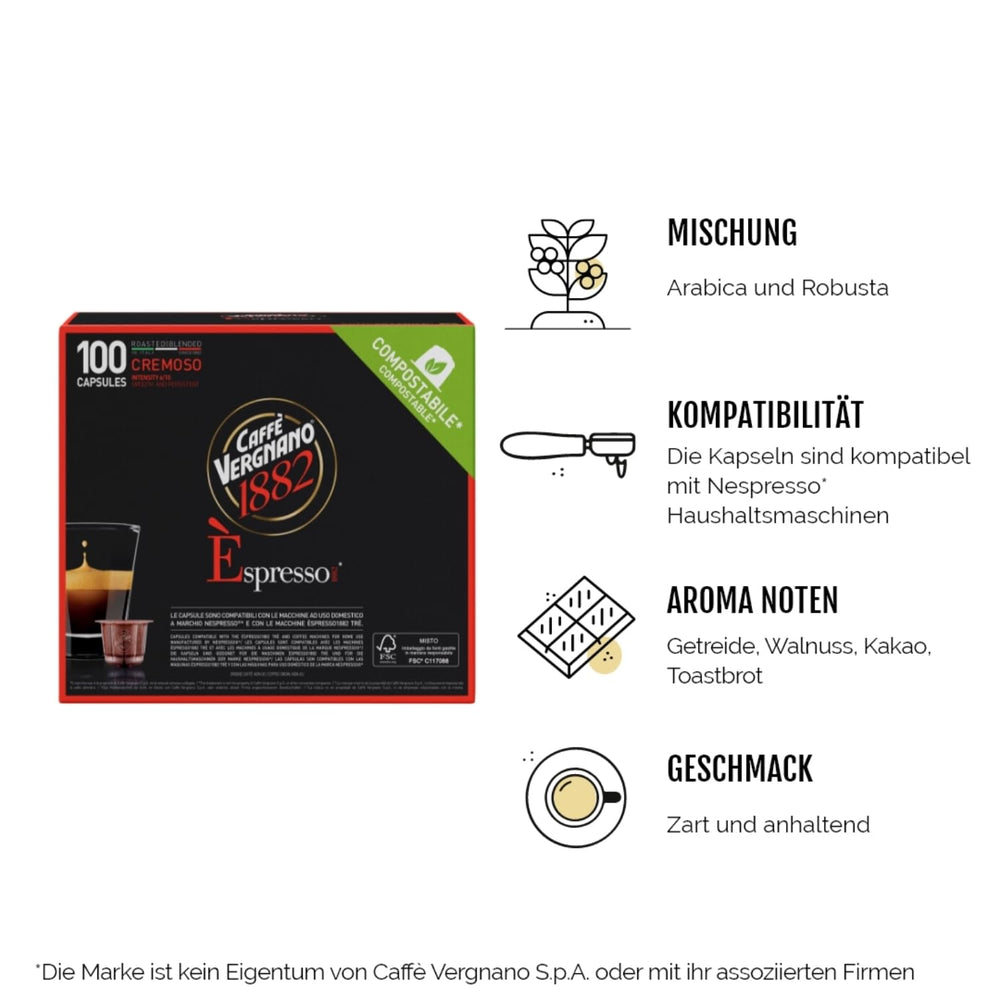 Caffè Vergnano 1882 - Café expresso compostable, compatible avec Nespresso, Cremoso (crémeux) - Packung Enthält 100 Kapseln