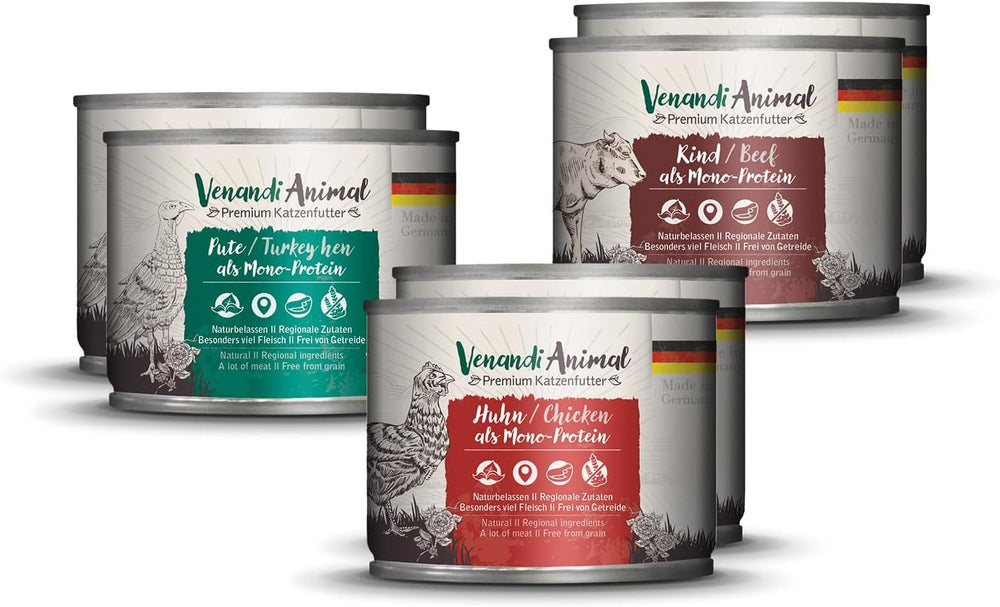 Venandi Animal - Premium Nassfutter für Katzen, Probierpakett I, Chicken, Pute, RInd, 6 x 200 g (6er Pack), getreidefrei und naturallassen