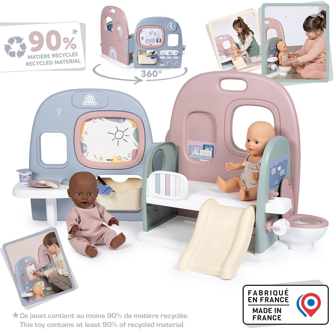 Smoby - Puériculture Chambre de poupées - Centre de jeux pour poupées Crèche + Maternelle Vie quotidienne - Aire de jeu pliable avec rotation à 360° - 6 accessoires - Fabriqué à 90% de matières recyclées en France, dès 3 ans
