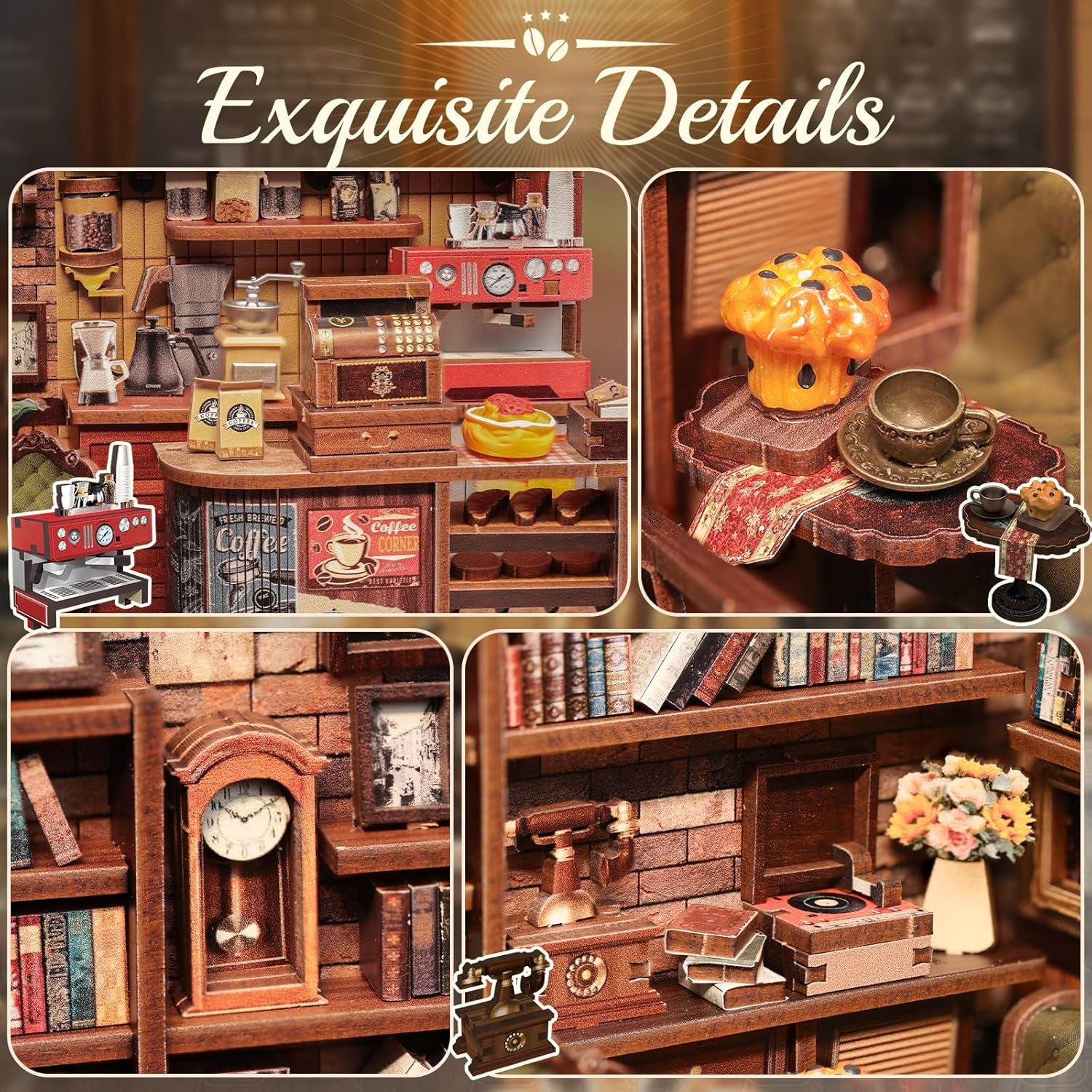CUTEBEE Kit d'angle de livre – Maisons de poupée à monter soi-même, kit de construction de maison miniature éclairée par LED pour adultes, puzzle 3D en bois et support de livre – Décoration d'étagère et cadeau (coin café)