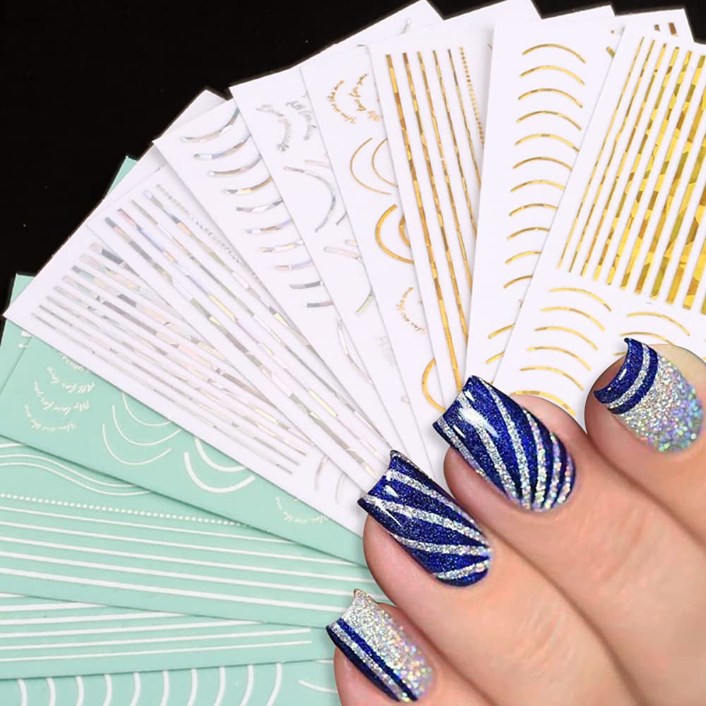 12 feuilles d'autocollants pour ongles auto-adhésifs lignes pailletées laser autocollants holographiques rayures bronze autocollants pour ongles ligne française arcs incurvés lignes ondulées autocollants pour ongles accessoires de nail art