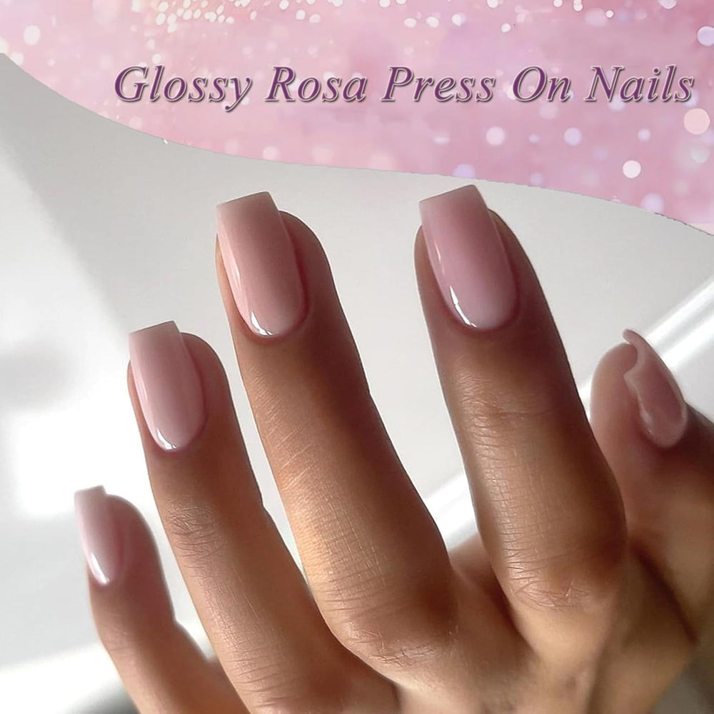 24 pièces rose couleur unie faux ongles auto-adhésif neutre faux ongles moyen carré gel doux pour les femmes bricolage couverture complète paillettes faux ongles