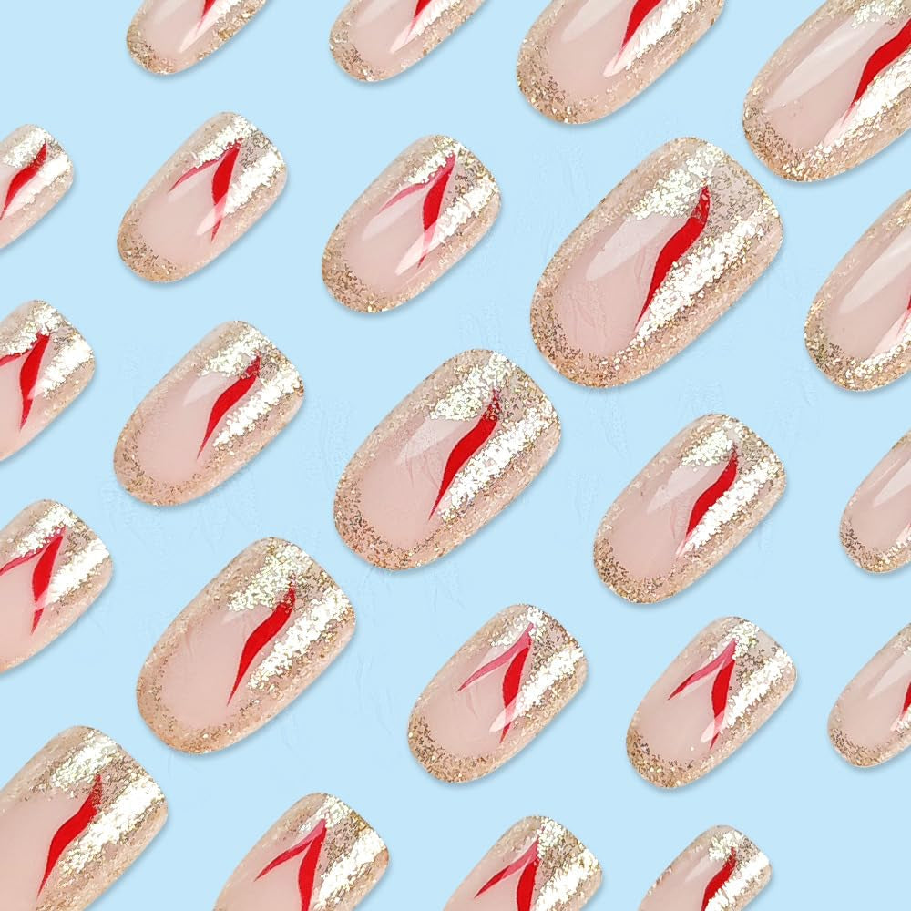 Faux ongles à pression courte, 24 pièces, paillettes dorées, colle sur rouge, ensemble d'ongles adhésifs, accessoires en acrylique pour femmes