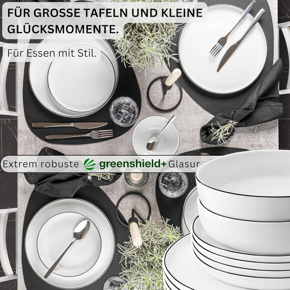 SANGER | Marlo Service de table à bords noirs et blancs, service de table 18 pièces en porcelaine pour 6 personnes, blanc avec accents noirs, assiettes plates, assiettes à dessert et bols, design moderne | LA COLLECTION PREMIUM