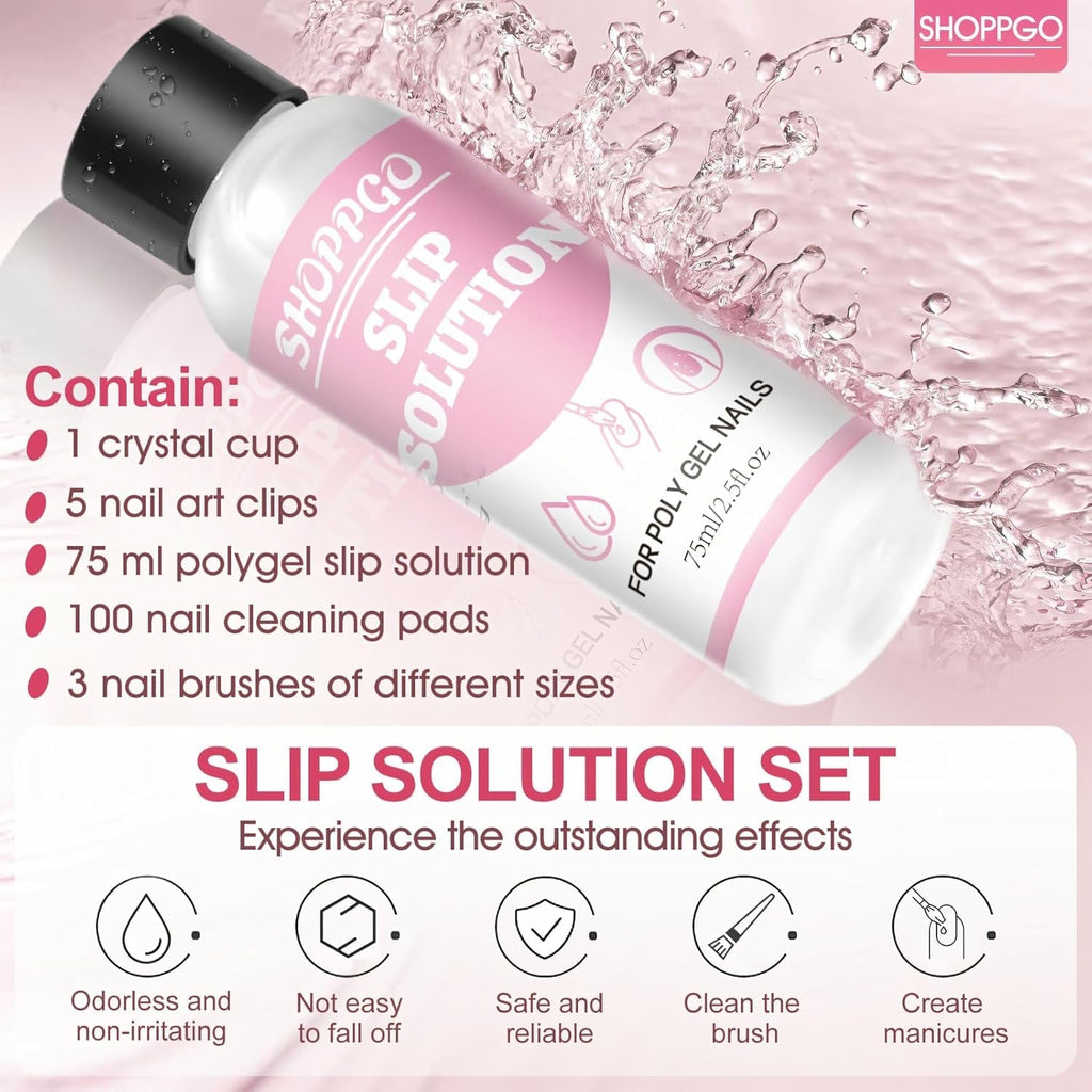 Soluție de îndreptare Polygel, Kit pentru unghii Polygel Slip Solution, Soluție de îndreptare 75 ml, Include 5 cleme pentru vârfuri de unghii, 3 perii de unghii, 1 cupă de cristal, 100 foi de curățare