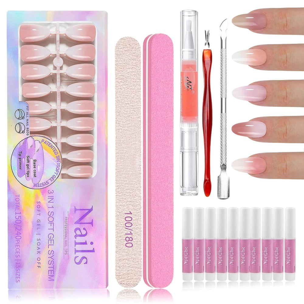 Kit de 150 faux ongles dégradés – 5 couleurs ombrées, ongles artificiels autocollants – Couverture complète pour femmes et filles – Faux ongles brillants pour manucure DIY (carré)