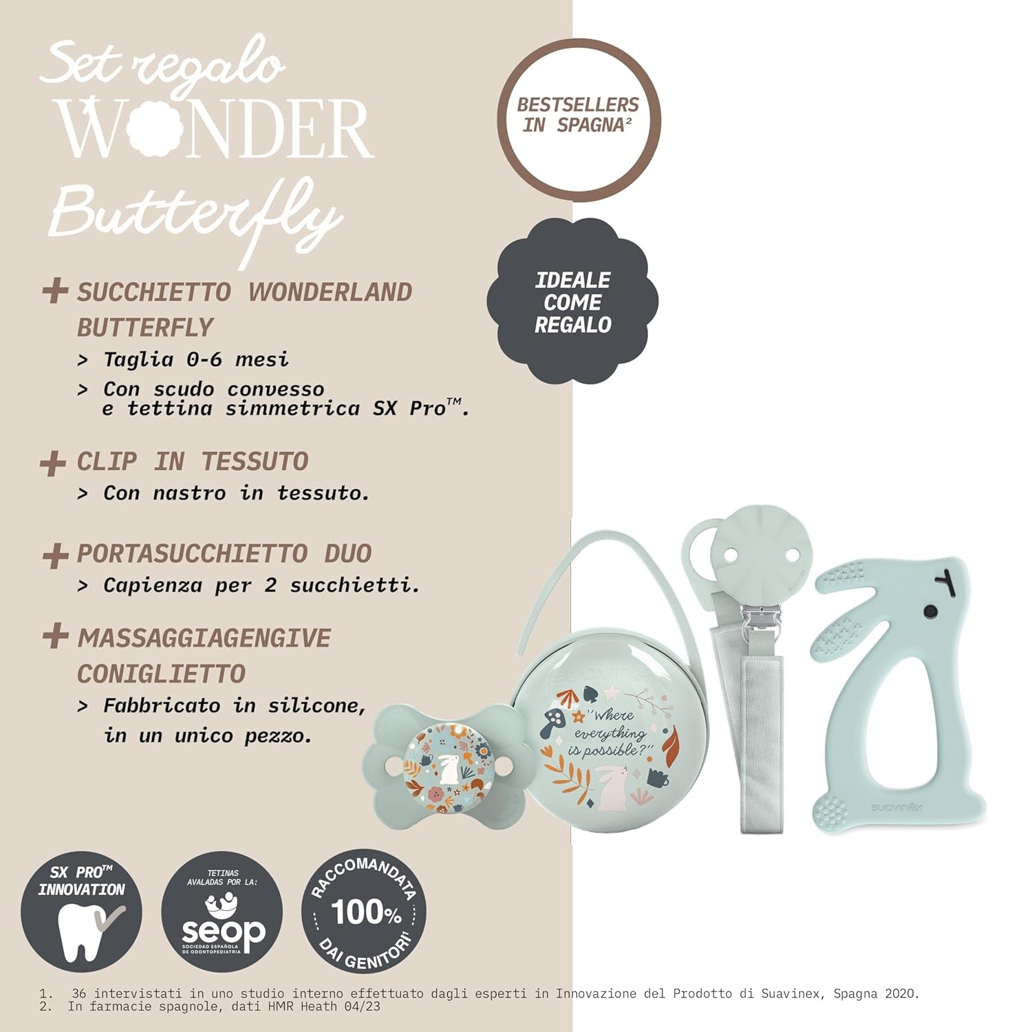 Coffret Suavinex pour nouveau-né. Coffret 4 pièces comprenant : Sucette Physiologique SX Pro pour bébé 0-6 mois + attache-sucette + attache-sucette Duo + anneau de dentition en silicone. Pays des merveilles, beige