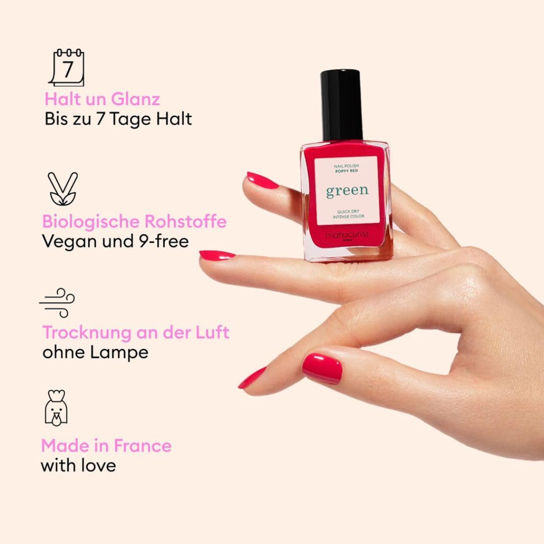 Manucurist Green™ System Rot (Poppy Red) Nagellack Set – Nägel Selber Machen - Vegan: 1 Fettlöser, 1 Base Coat und Top Coat, 1 Nagellack Poppy Red, Trocknungstropfen– Geschenke für Frauen