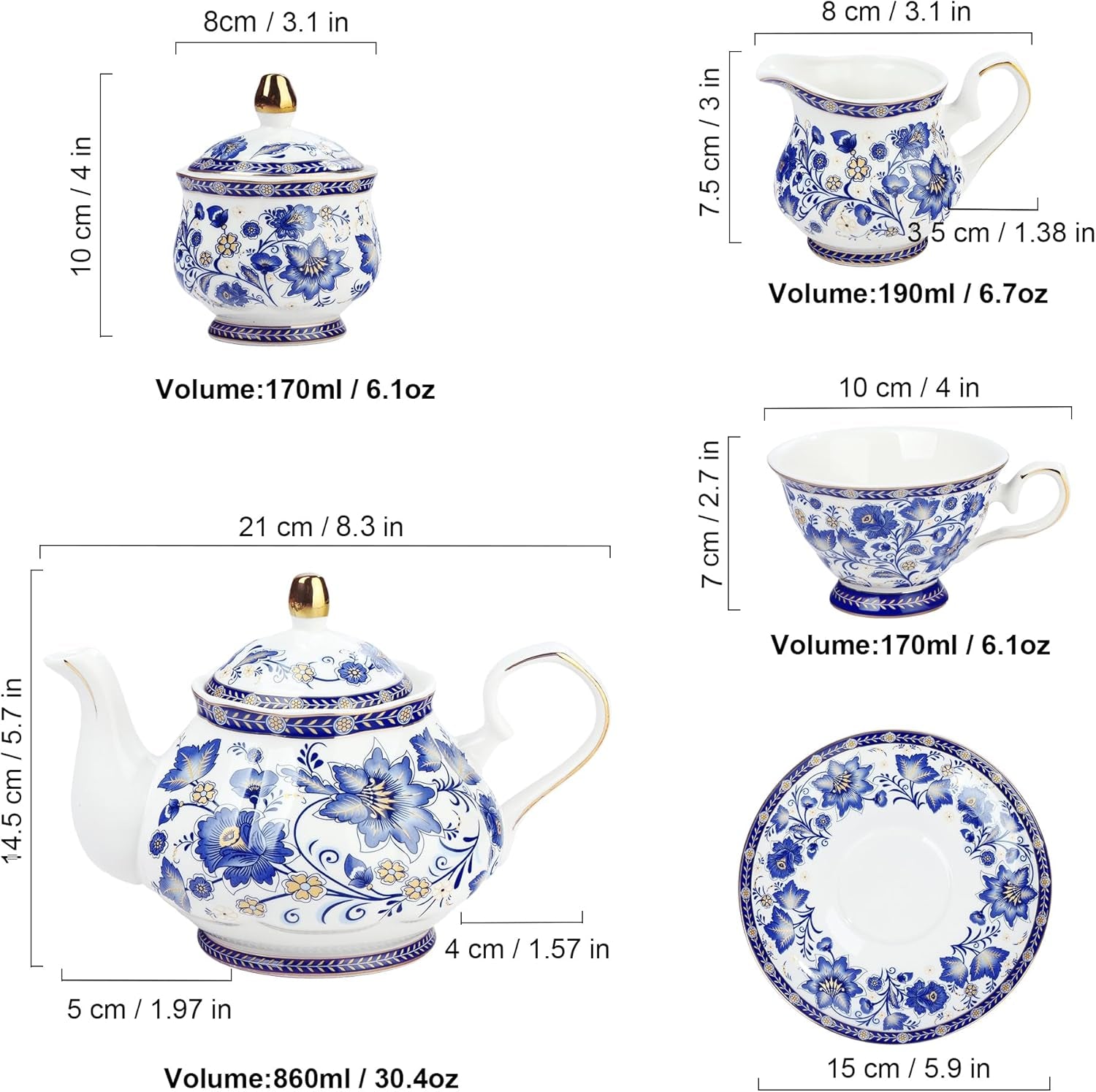 Fanquare – service à thé en porcelaine à fleurs bleues, avec support en métal, tasse à café et soucoupe en porcelaine Vintage, service à café anglais pour adultes