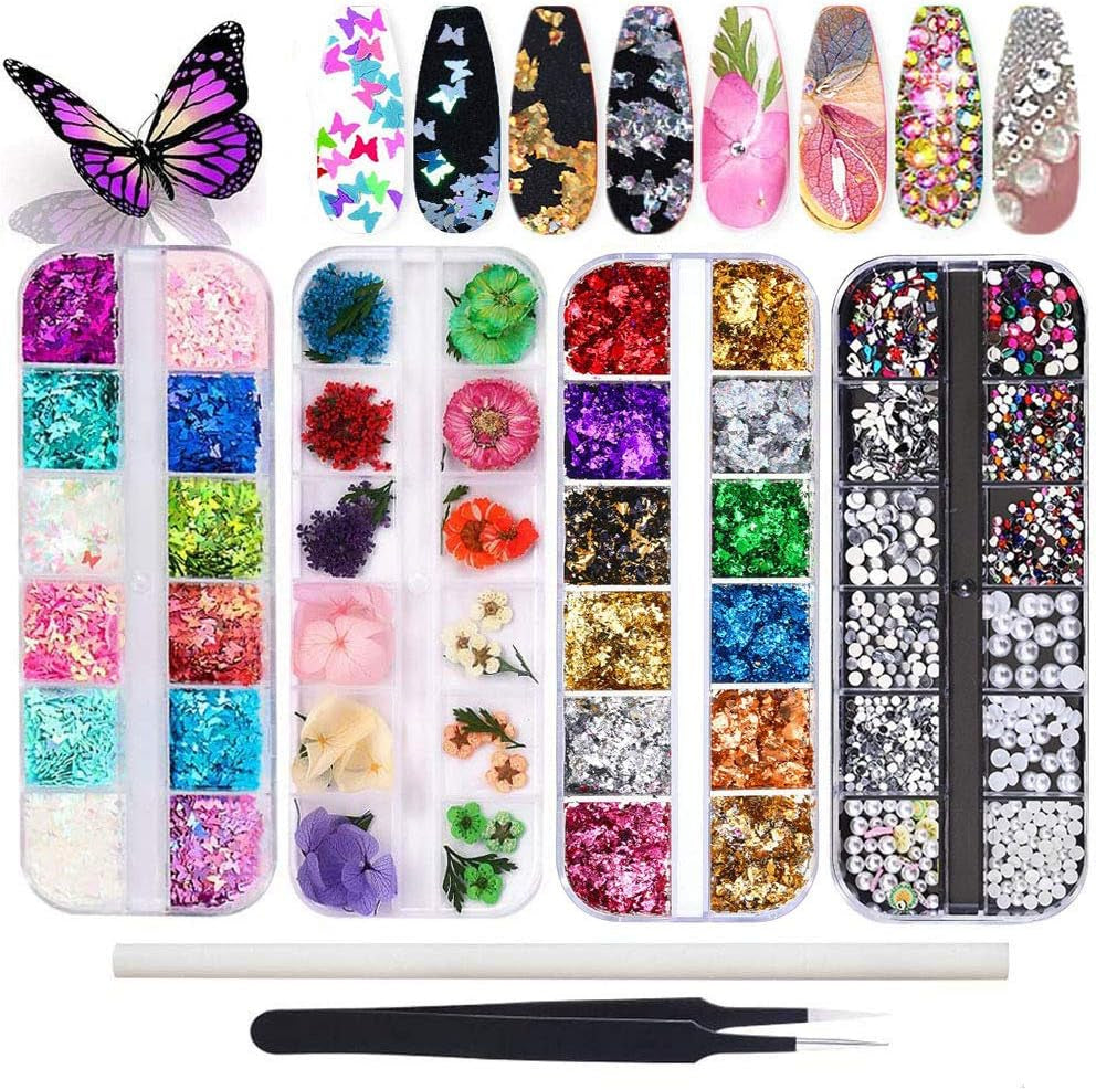 Kalolary Fleurs séchées pour ongles, papillon, paillettes, feuille de vernis à ongles, autocollants, pince à épiler, pierres à ongles, strass, crayon pour conception d'ongles 3D, décorations DIY