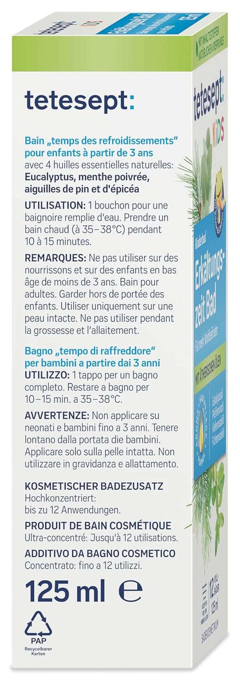 Tetesept Kids Cold Time Bath - additif de bain pour enfants pour la saison froide aux 4 huiles essentielles, relaxation et réchauffement, 125 ml Naty Shop
