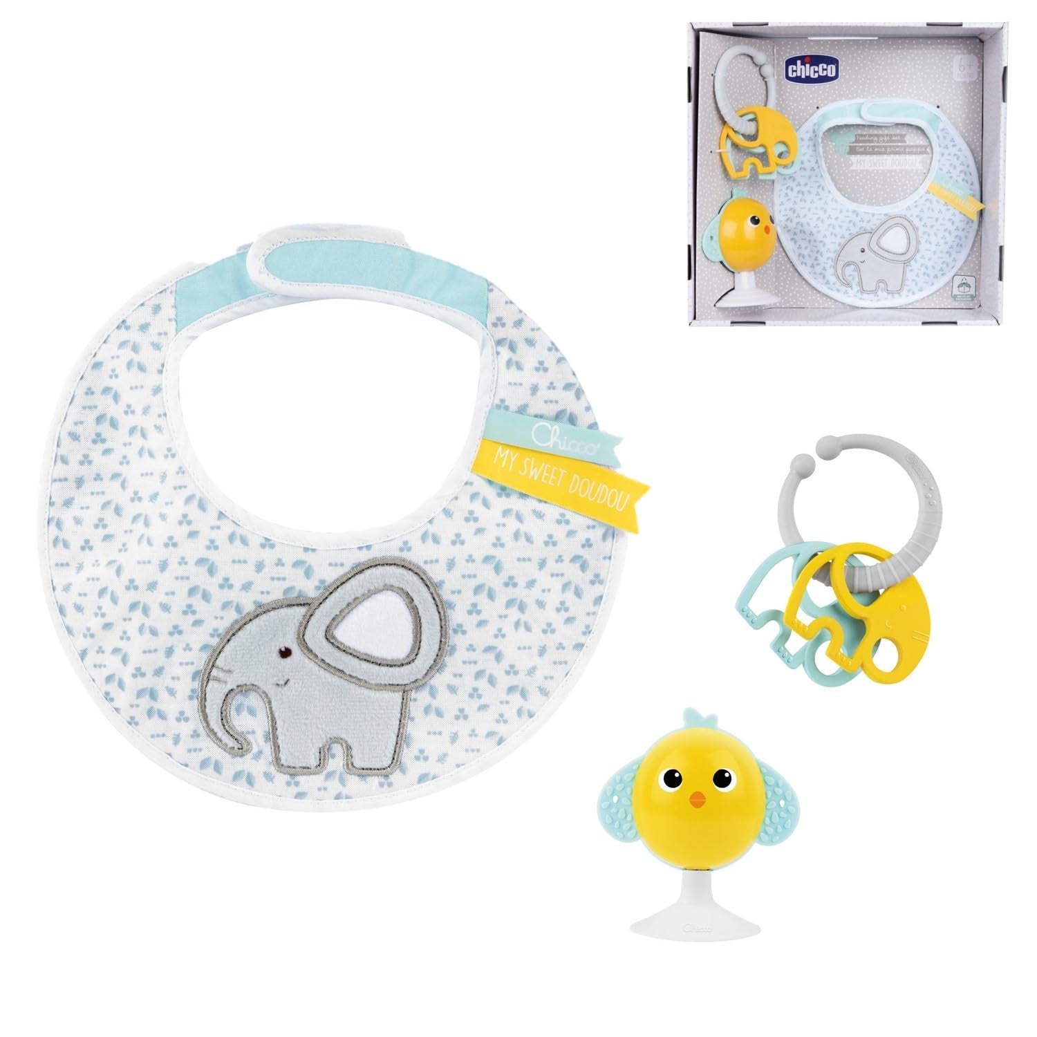 Chicco, Coffret bébé My Sweet Doudou, Couverture DouDou toute douce, Sucette en velours, Anneau de dentition éléphant en relief, Idées cadeaux pour nouveau-nés à partir de 0 mois