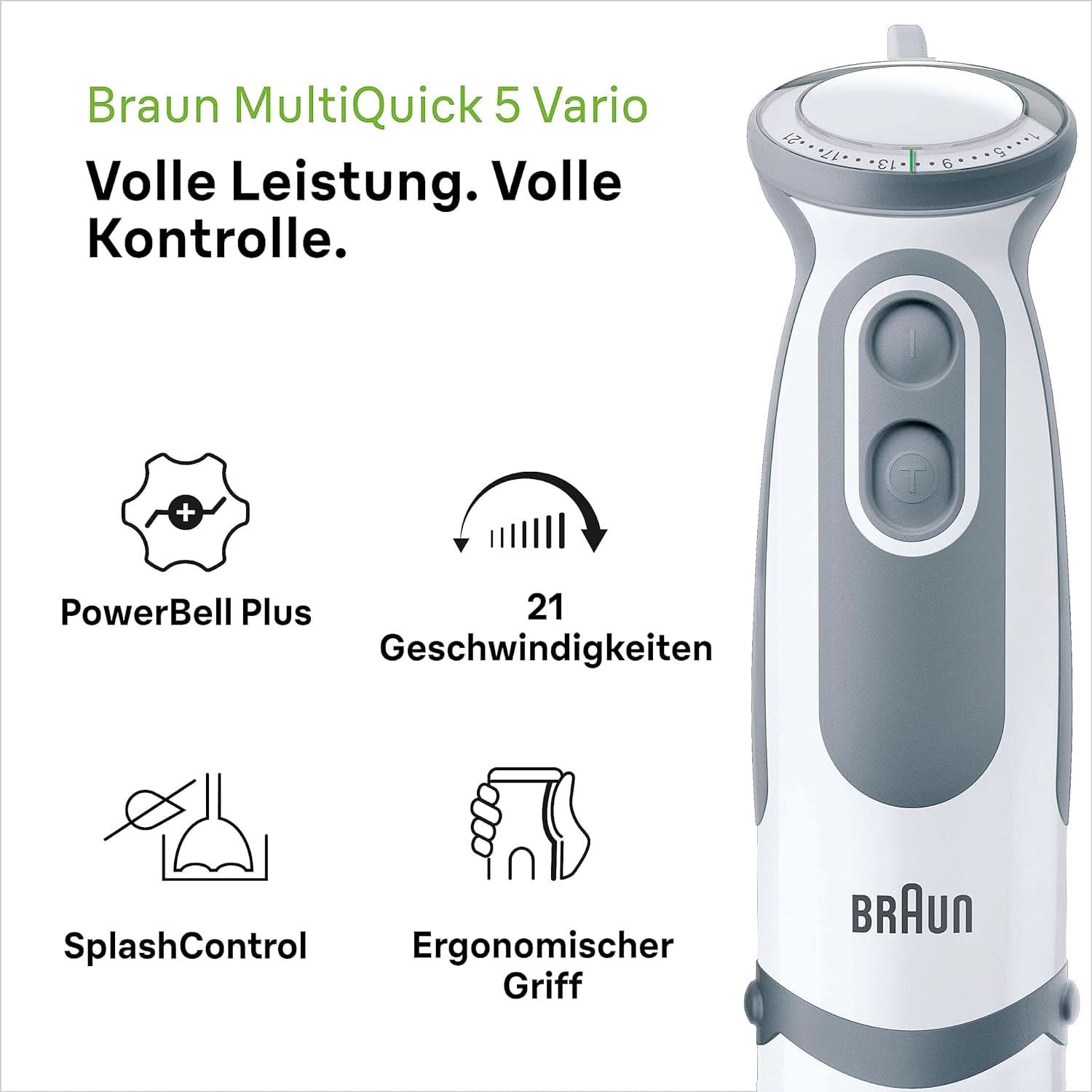 Braun Stabmixer MQ 5200WH - Multiquick 5 Vario Pürierstab Mit Edelstahl Mixfuß, 1000 Watt, Inkl. 600 Ml Mix- & Messbecher, Weiß/Grau Bucatarie Naty Shop