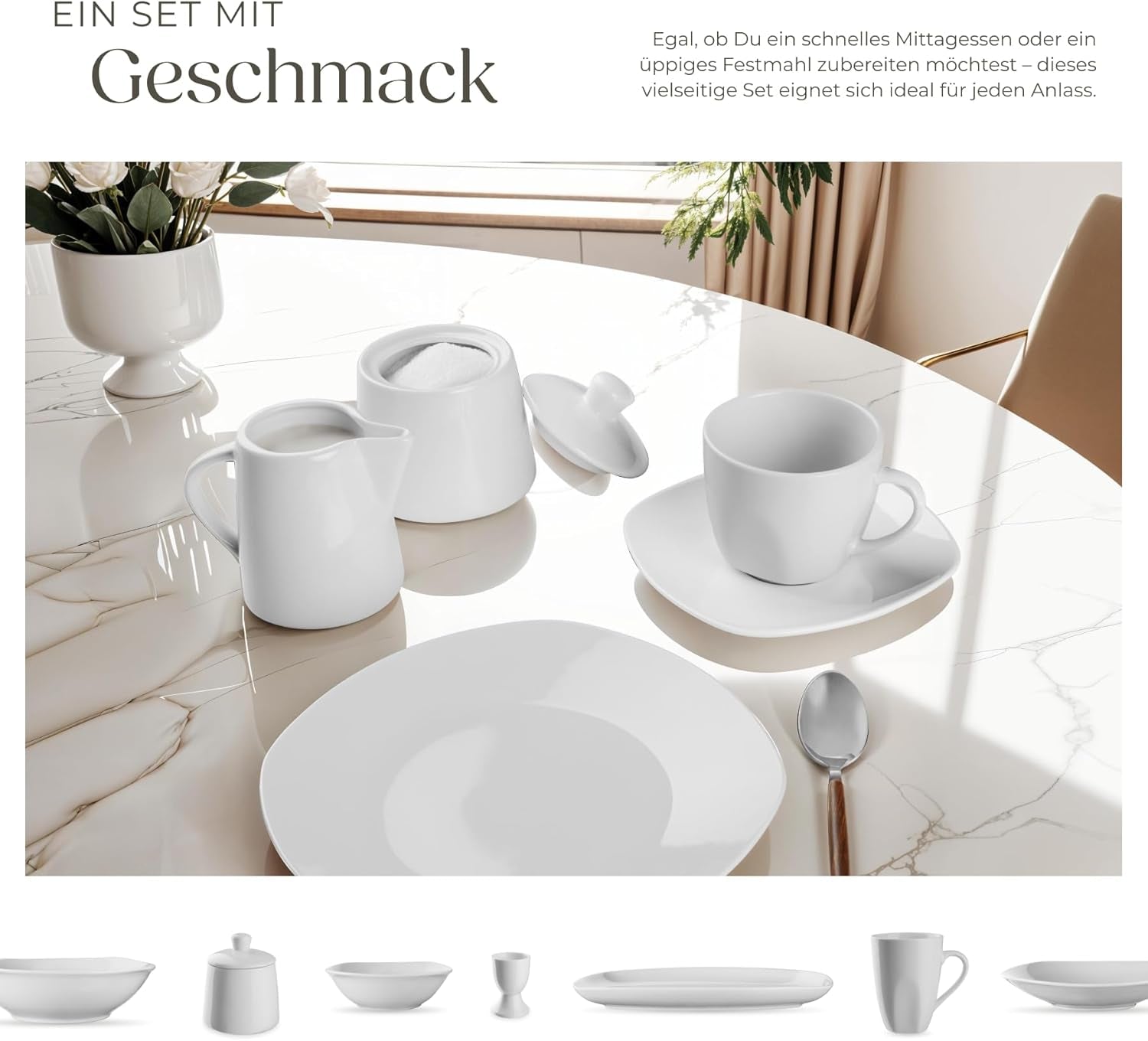 Service de table tectake® pour 12 personnes, service de table en porcelaine de 100 pièces, comprenant 12 assiettes, 12 assiettes à dessert, 12 assiettes plates, 12 tasses, 12 bols à céréales, un saladier, un pot à lait, un sucrier