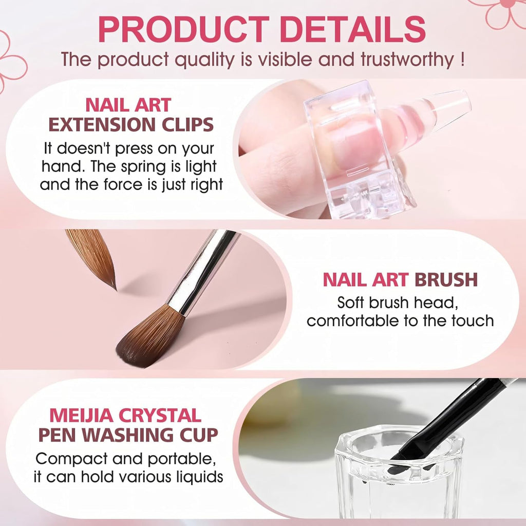 Soluție de îndreptare Polygel, Kit pentru unghii Polygel Slip Solution, Soluție de îndreptare 75 ml, Include 5 cleme pentru vârfuri de unghii, 3 perii de unghii, 1 cupă de cristal, 100 foi de curățare