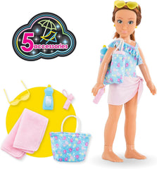 Corolle Girls Zoe Beach Set, Ankleidepuppe im süßen Beach Outfit und 5 Teile, Vanilleduft, 28cm, ab 4 Jahre