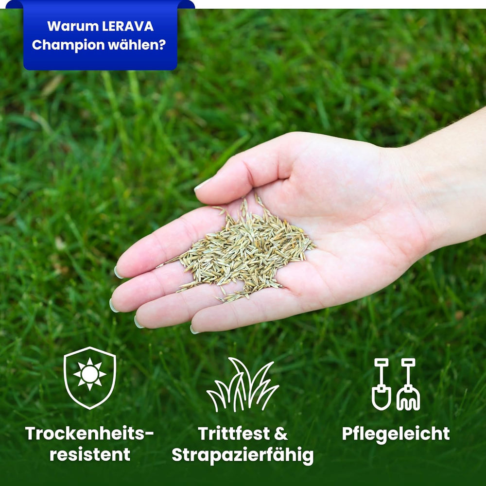 LERAVA CHAMPION Rasensamen (30 M²) - Trockenresistent & Trittfest - Schnellkeimender Grassamen Für Dichten Rasen - Strapazierfähige Nachsaat Herbst - Ideal Für Spiel- & Sportrasen