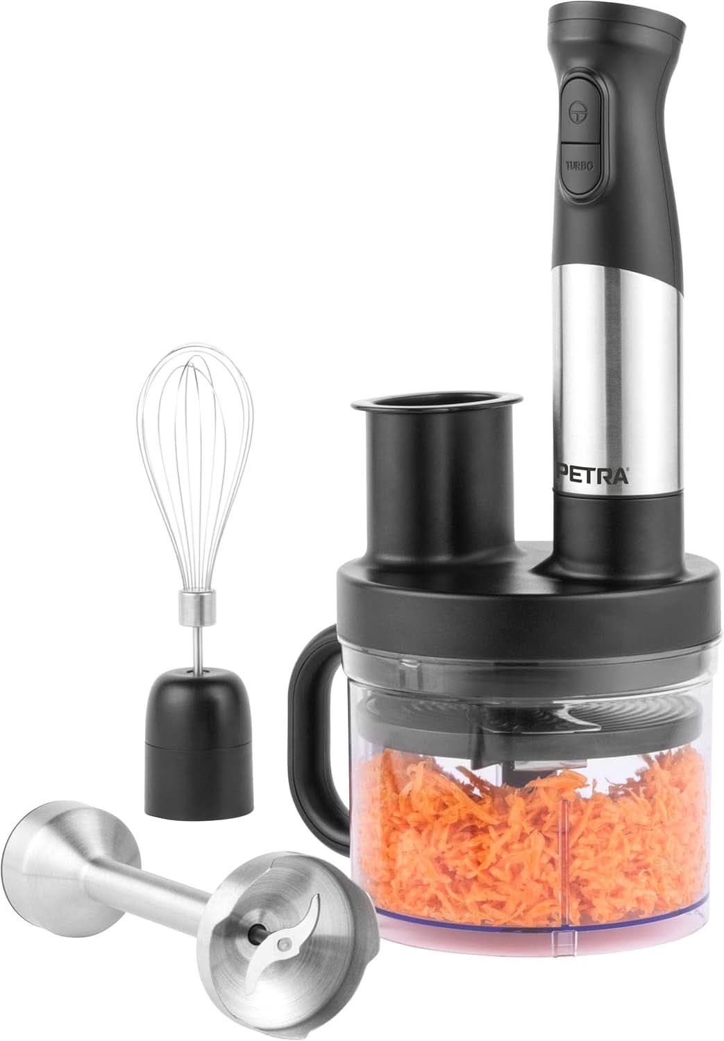 Petra PT2827BMBLKVDE Mélangeur 3-en-1 – Accessoires sans BPA, 500 ml-Schüssel, 700 Ml-Becher, Schneebesen, Mixen, Zerkleinern, 2 Geschwindigkeiten, Edelstahlklingen, Für Babynahrung, Smoothies, Saucen, 350W Mother and Child Naty Shop Mélangeur 5-en-1