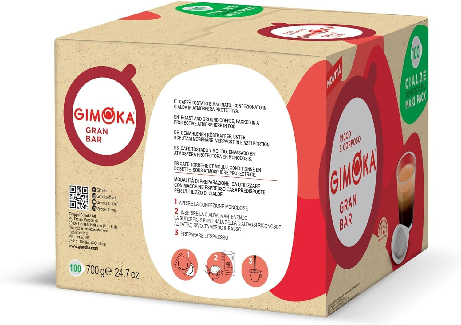 Gimoka Kompostierbare Kaffeepads, Gran Bar Intenso Kaffeemischung, Intensität 12-100 Pads - Compatible avec les tampons en papier ESE System 44 mm