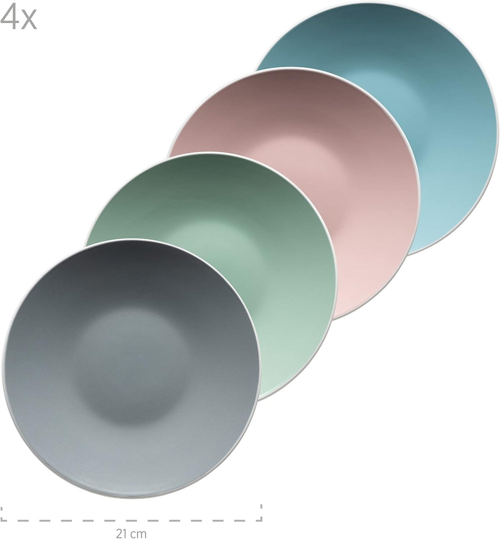 MÄSER 934006 Série Elissa, service de table moderne pour 4 personnes, glaçages colorés mats avec bord blanc, ensemble combiné de 16 pièces, grès, multicolore, gris, turquoise, rose, vert