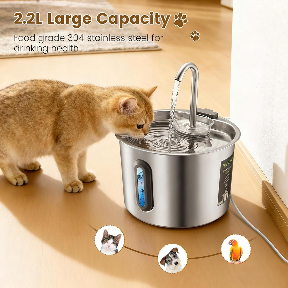 Katzenbrunnen Edelstahl 2.2L, Rever Ultraleiser Trinkbrunnen für Katzen mit Wasserstandsfenster, 3-Stufiges Filtersystem, Wasserspender für Katzen, Hunde & Kleintiere, Edelstahl Katzenbrunnen